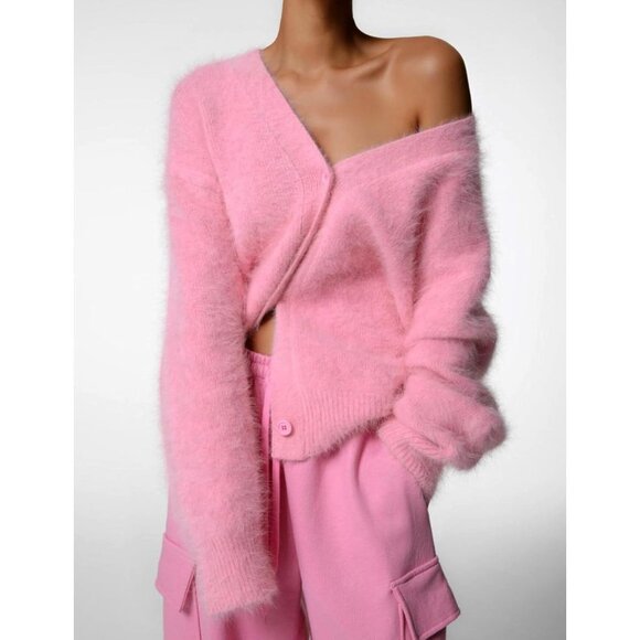 Women’s Nylon Fuzzy Mohair Cardigan Large Open Front V Neck Cozy Sweater - Picture 2 of 7